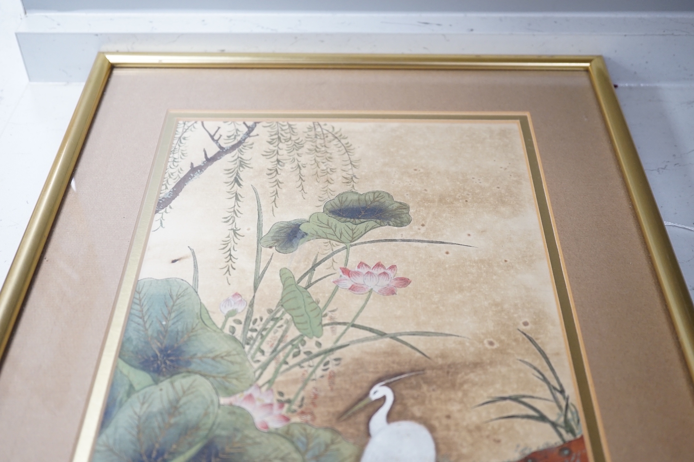Two Japanese watercolours, a Kotozuka Eiichi woodblock print, a Japanese brocade panel and a book cover